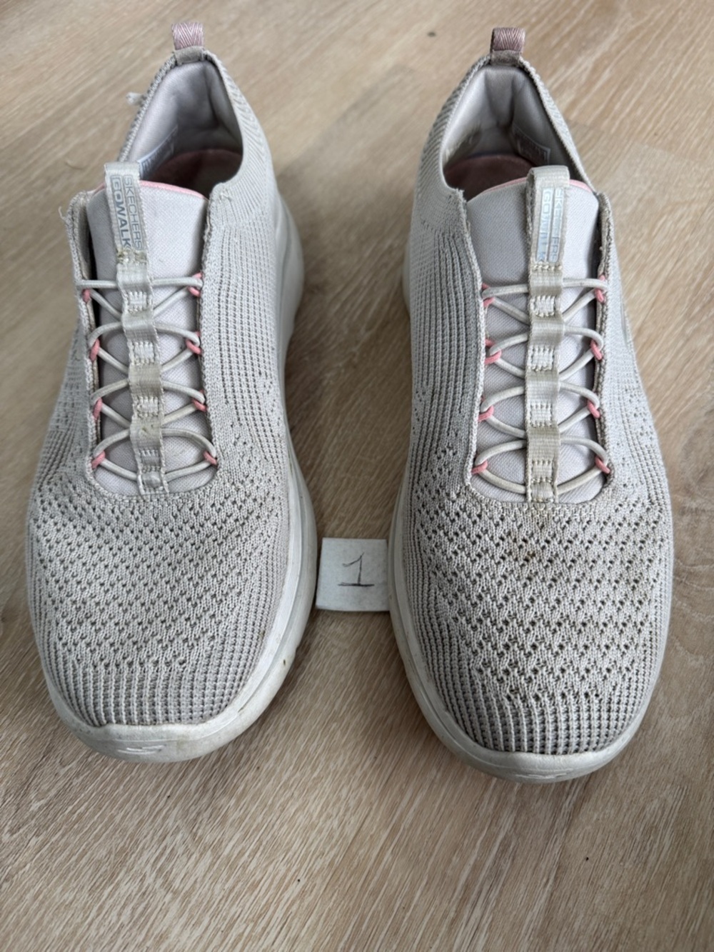 Skechers Women's Knit Slip-On Sneakers in Beige with Pink Accents